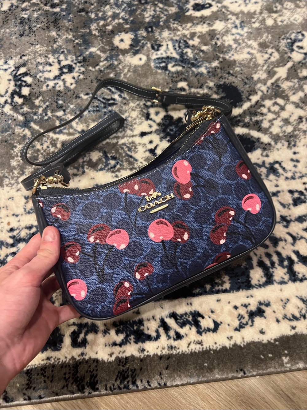 Coach Navy Cherry-Print Mini Wristlet with Gold Hardware